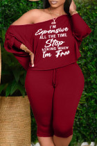 Burgundy Casual Print Patchwork Off the Shoulder Plus Size Two Pieces