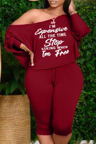 Burgundy Casual Print Patchwork Off the Shoulder Plus Size Two Pieces