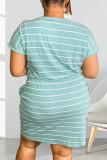 ブルーカジュアルストライププリントパッチワーク小帯Oネック半袖ドレスプラスサイズドレス