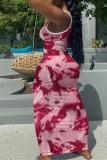 Розово-красный сексуальный принт в стиле пэчворк с U-образным вырезом, юбка-карандаш, платья