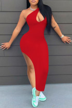 Red Fashion Sexy Solid Hollowed Out Slit One Shoulder Sleeveless Dress Dresses