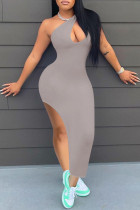 Grey Fashion Sexy Solid Hollowed Out Slit One Shoulder Sleeveless Dress Dresses