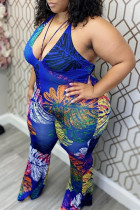 Blue Fashion Sexy Print Backless Halter Plus Size Jumpsuits