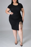 Schwarzes, sexy, lässiges, festes, kurzärmliges Kleid mit Schlitz und O-Ausschnitt in Übergröße
