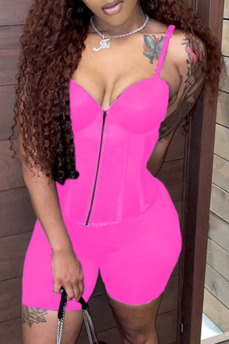 Rose Red Sexy Solid Patchwork Spaghetti Strap Sleeveless Two Pieces