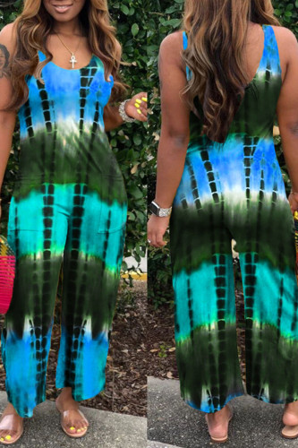 Cyanine Casual Print Patchwork U Neck Loose Jumpsuits