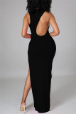 Black Fashion Sexy Solid Slit O Neck Sleeveless Dress