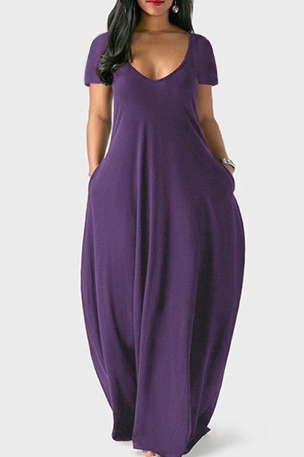 Фиолетовое повседневное однотонное платье в стиле пэчворк с V-образным вырезом и коротким рукавом Платья Платья