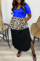 Синее модное повседневное лоскутное платье с разрезом и V-образным вырезом с коротким рукавом