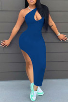 Diepblauwe mode sexy effen uitgeholde spleet een schouder mouwloze jurk jurken