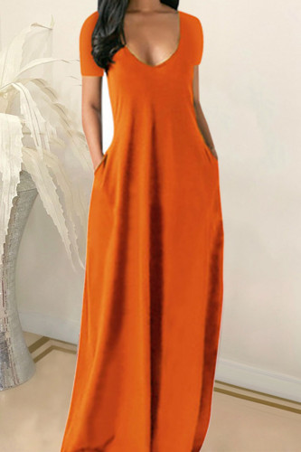 Tangerine Red Casual Solid Patchwork Tasche V-Ausschnitt Kurzarm Kleid Kleider
