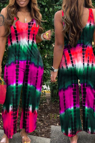 Red Casual Print Patchwork U Neck Loose Jumpsuits