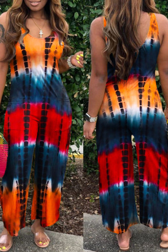 Orange Casual Print Patchwork U Neck Loose Jumpsuits