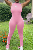 Roze casual sportkleding Effen basic skinny jumpsuits met O-hals