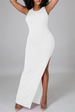 Vestido branco fashion sexy com fenda e decote sem mangas