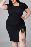 Schwarzes, sexy, lässiges, festes, kurzärmliges Kleid mit Schlitz und O-Ausschnitt in Übergröße