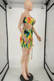 Green Yellow Sexy Print Hollowed Out Backless Fold Sleeveless Dress
