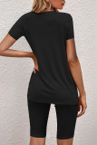 Black Casual Solid O Neck Short Sleeve Two Pieces