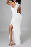 Белое модное сексуальное однотонное платье без рукавов с круглым вырезом и разрезом