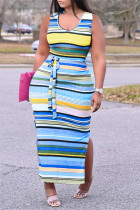 Синее модное повседневное платье большого размера в полоску с разрезом и U-образным вырезом