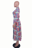 Blå Mode Casual Print Basic V-hals långärmade klänningar