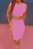 Розовый сексуальный сплошной выдолбленный пэчворк с круглым вырезом без рукавов из двух частей