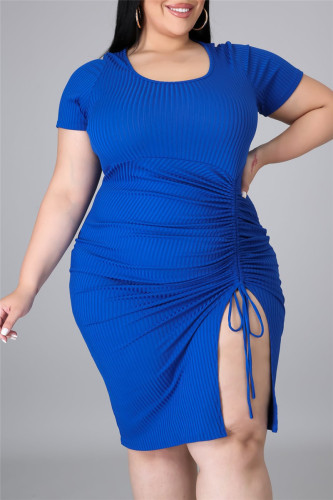 Blauwe sexy casual plus size effen spleet O-hals jurk met korte mouwen