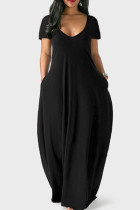 Черное повседневное однотонное платье в стиле пэчворк с V-образным вырезом и коротким рукавом Платья Платья