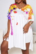 White Casual Solid Patchwork V Neck Plus Size Two Pieces