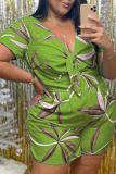 Yellow Sexy Print Patchwork V Neck Plus Size Jumpsuits