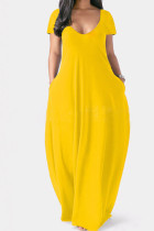 Желтое повседневное однотонное платье в стиле пэчворк с V-образным вырезом и коротким рукавом Платья Платья