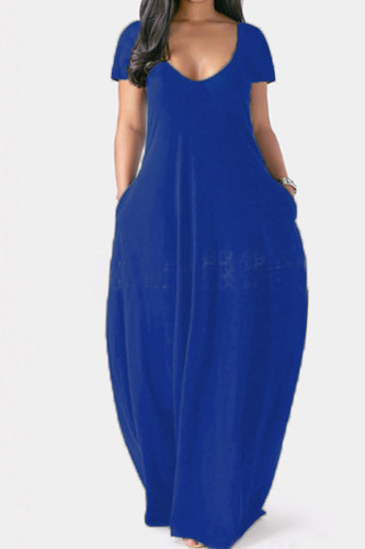 Синее повседневное однотонное платье в стиле пэчворк с V-образным вырезом и коротким рукавом Платья Платья