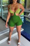 Macacão skinny verde moda sexy patchwork sem costas com alça de espaguete