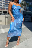 Påfågel blå mode sexigt tryck Backless Spaghetti Strap Ärmlös klänning