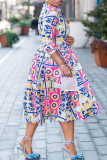 Blue Fashion Casual Print Basic V Neck Long Sleeve Dresses