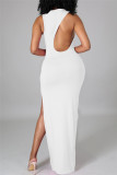 White Fashion Sexy Solid Slit O Neck Sleeveless Dress