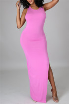 Розовое модное сексуальное однотонное платье без рукавов с круглым вырезом и разрезом