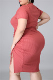 Красное арбузное сексуальное повседневное платье больших размеров с круглым вырезом и коротким рукавом