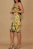 Gelbe Art und Weise reizvoller Druck-rückenfreie trägerlose ärmellose Kleid-Kleider