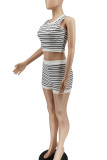 White Casual Striped Print Patchwork O Neck Sleeveless Two Pieces
