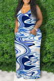 Синее сексуальное повседневное платье больших размеров с принтом без рукавов и открытой спиной на тонких бретелях