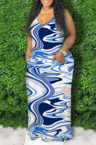 Blauwe sexy casual plus size print backless spaghetti band mouwloze jurk