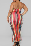 Red Sexy Print Patchwork Strapless Pencil Skirt Plus Size Dresses
