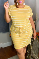 Yellow Casual Striped Print Patchwork Frenulum O Neck Short Sleeve Dress Plus Size Dresses