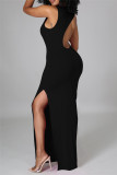 ブラック ファッション セクシー ソリッド スリット O ネック ノースリーブ ドレス