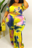 Jaune Fashion Sexy Print Tie Dye Backless Off The Shoulder Plus Size Two Pieces