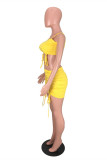 Yellow Fashion Sexy Solid Backless Strap Design Spaghetti Strap Sleeveless Two Pieces
