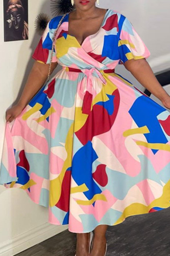 Colour Casual Print Split Joint V Neck Cake Skirt Plus Size Dresses
