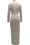 Белое сексуальное кружевное платье в стиле пэчворк с круглым вырезом