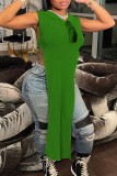 インクグリーン カジュアル ソリッド パッチワーク ハイオープニング Vネック ペンシルスカート ドレス